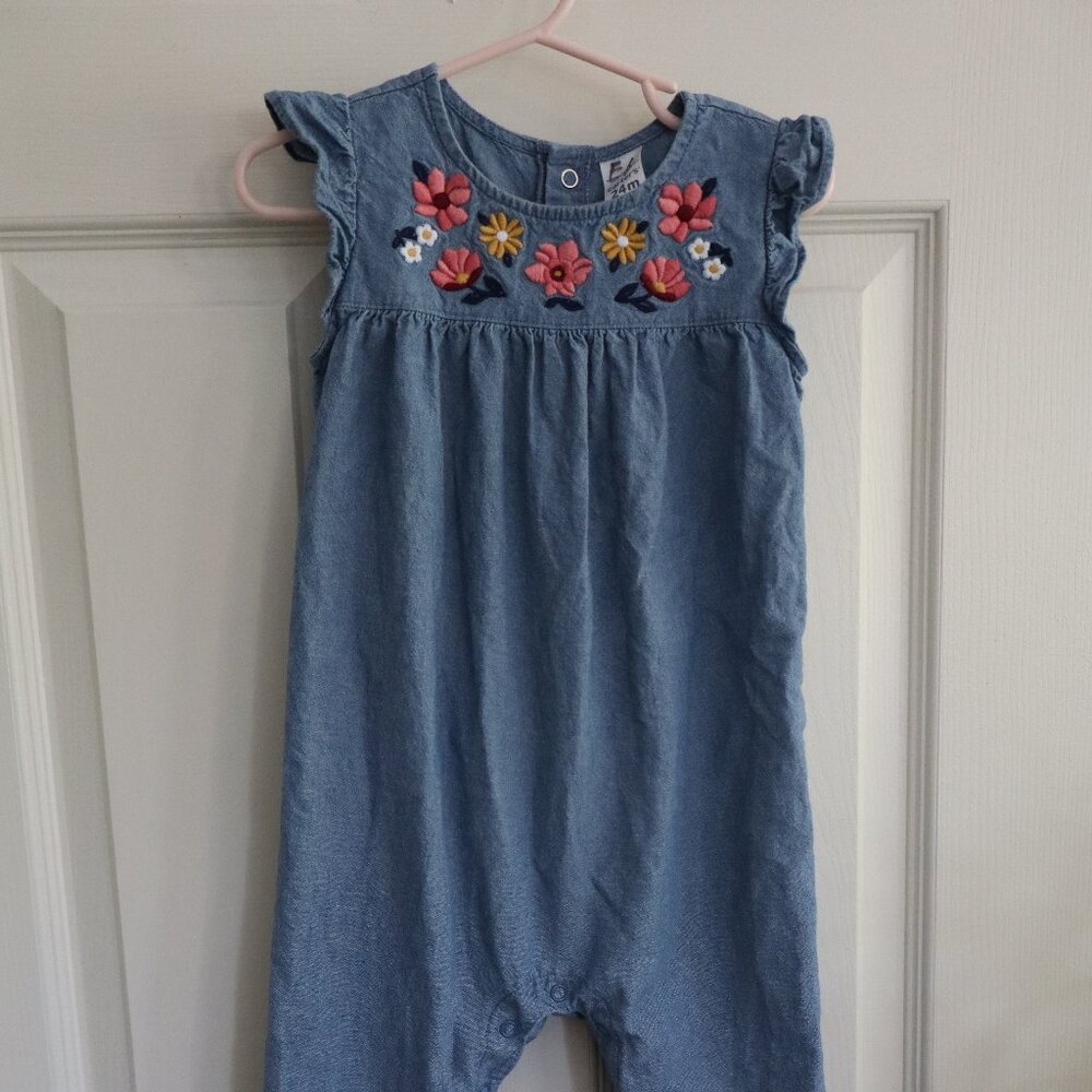 Carters Ruffle sleeve and long pant romper with floral embroidery detail 24m